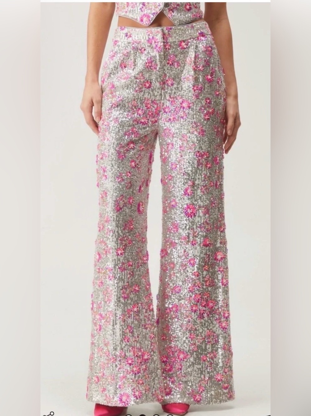 Nasty Gal Sequin Floral Wide Leg HighRise Silver Pink Pearl 6